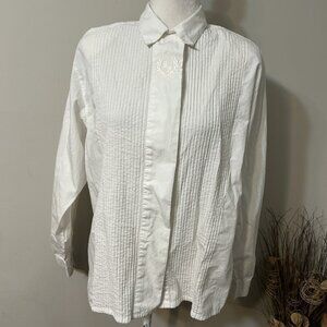 Vtg Hunt Club Women Long Sleeve Button Up Tuxedo Shirt White Pleated Sz 14 Flaw